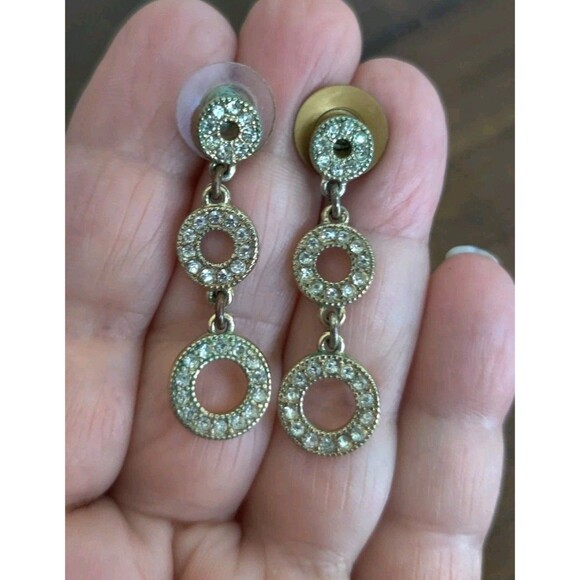 Vtg Monet Three Tier Gold Tone Rhinestone Accent Dangle Earrings 1.5" W Posts - Picture 1 of 5